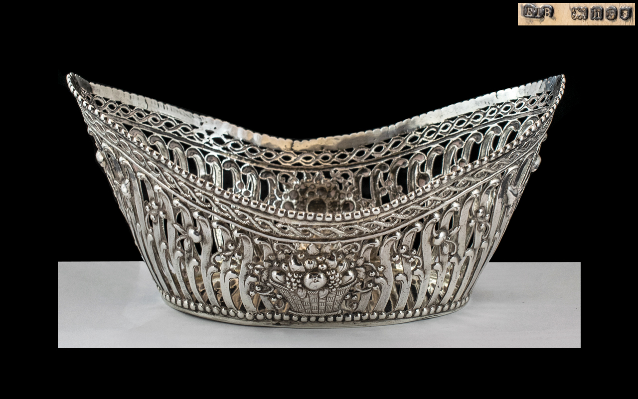 Dutch 19th Century Superb Silver Open worked Basket / Bowl of Small Proportions, Boat Shape.