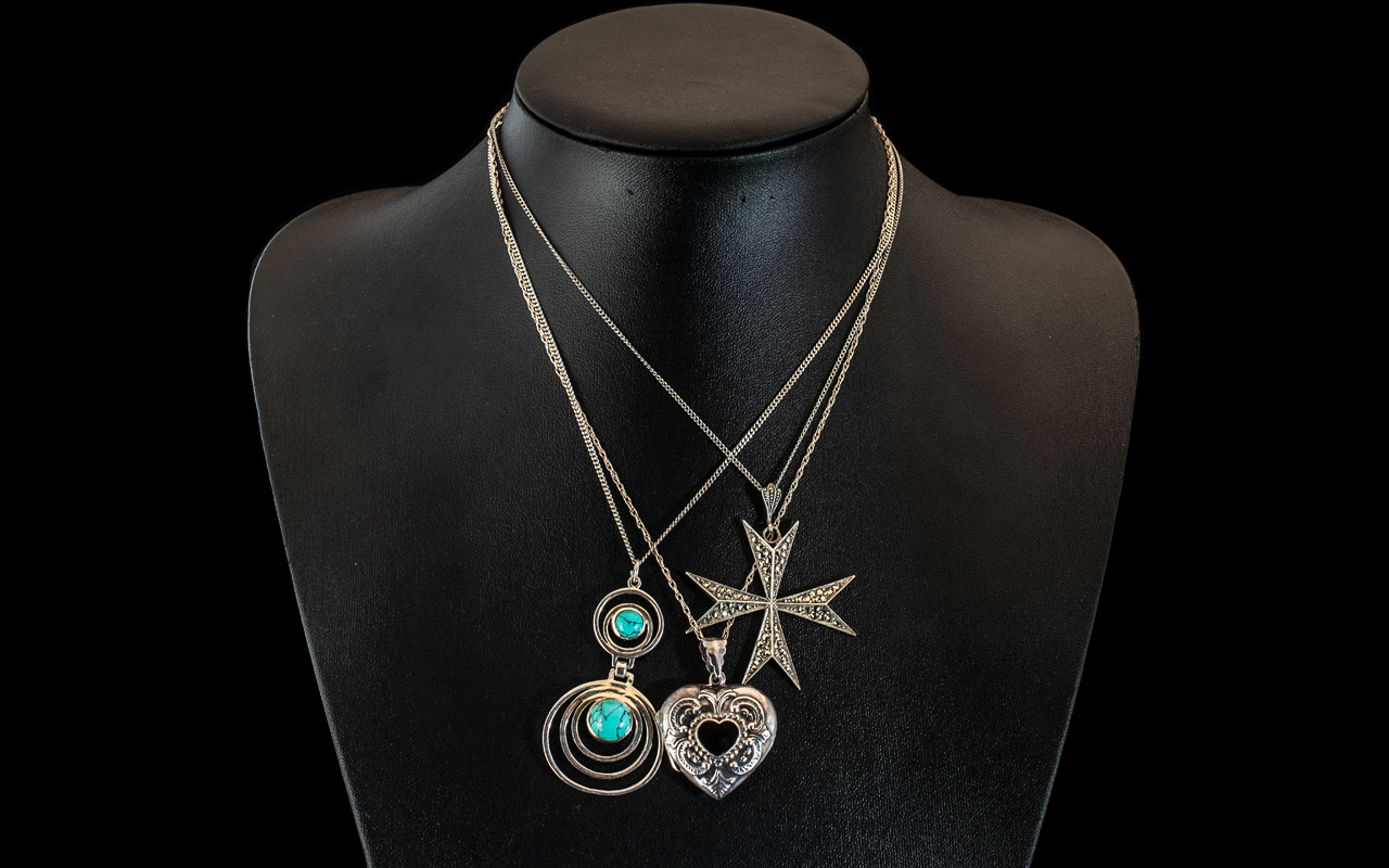 Collection of Three Quality Silver Pendants & Chains, comprising a Marcasite and Silver Maltese