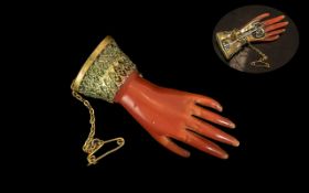 Antique Coral Brooch In Form of a Hand, Mounted on Yellow Metal.