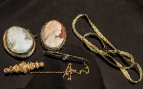 Small Collection to Include two 9ct Gold Bar Brooches and two shell cameos, one in 9ct gold mount.