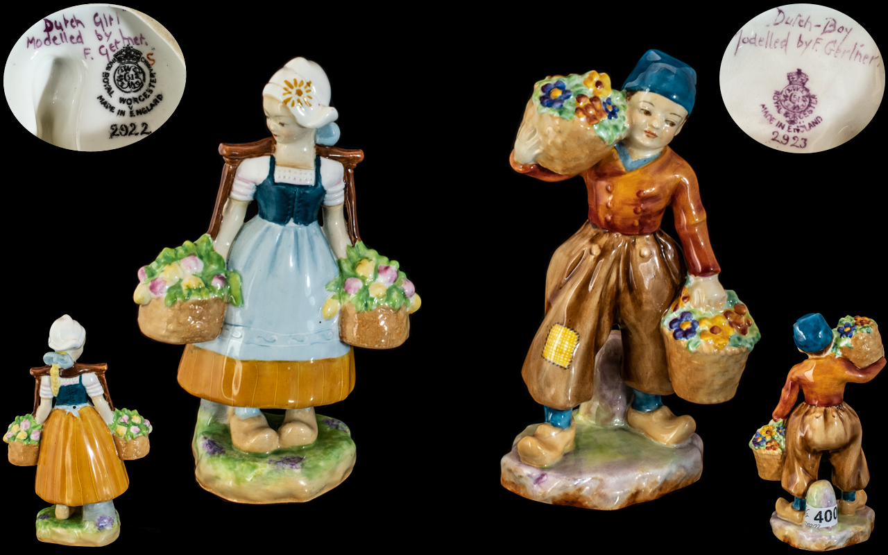 Royal Worcester - Early Pair of Hand Painted Figures ' Dutch Girl & ' Dutch Boy ' Modelled by F.
