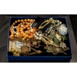 Collection of Costume Jewellery, comprising bead necklaces, three vintage hat pins, twelve brooches,