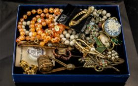 Collection of Costume Jewellery, comprising bead necklaces, three vintage hat pins, twelve brooches,