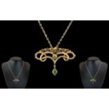 Edwardian Period 1901 - 1910 Well Designed and Exquisite 9ct Gold Peridot Set Pendant Drop.