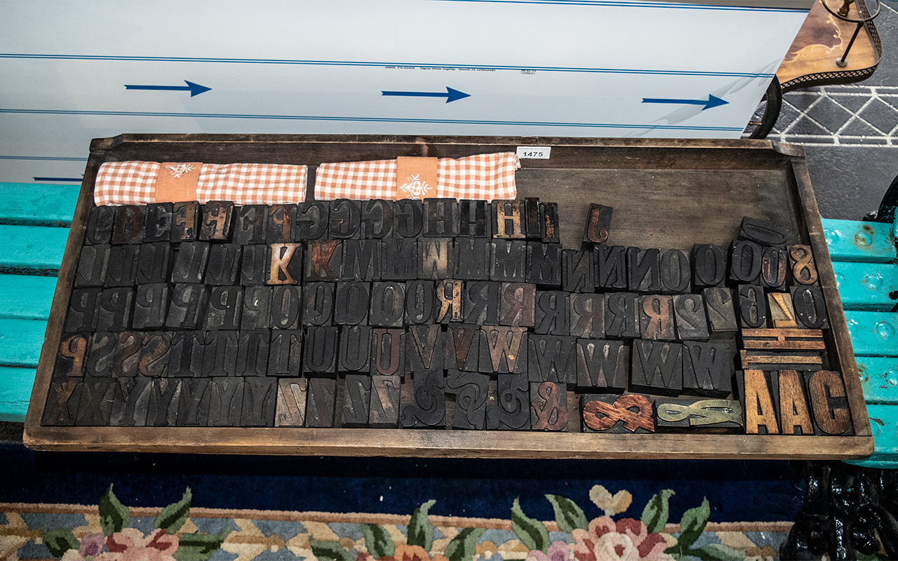 Wooden Printing Blocks, the alphabet and numbers, in a wooden tray. Not complete.