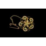 Victorian Period 1837 - 1901 Ornate and Attractive 9ct Gold - Peridot and Seed Pearl Set Brooch /