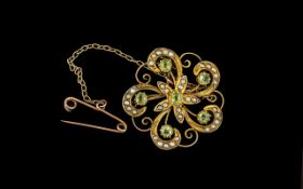 Victorian Period 1837 - 1901 Ornate and Attractive 9ct Gold - Peridot and Seed Pearl Set Brooch /