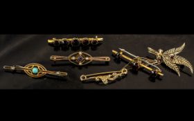 A Collection of Six Brooches, comprising three fully hallmarked for 9ct, one with a 15ct tab,