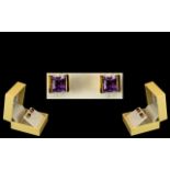 Ladies 9ct Gold Pair of Attractive Princess Cut Amethyst Set Earrings. Marked 9.375. Of Square Form,