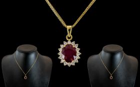 18ct Gold - Excellent Quality and Attractive Ruby and Diamond Set Pendant, Attached to a 18ct Gold