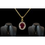 18ct Gold - Excellent Quality and Attractive Ruby and Diamond Set Pendant, Attached to a 18ct Gold