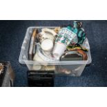 Box of Assorted Bric a Brac including pottery and porcelain, comprising clocks, vases, mugs,