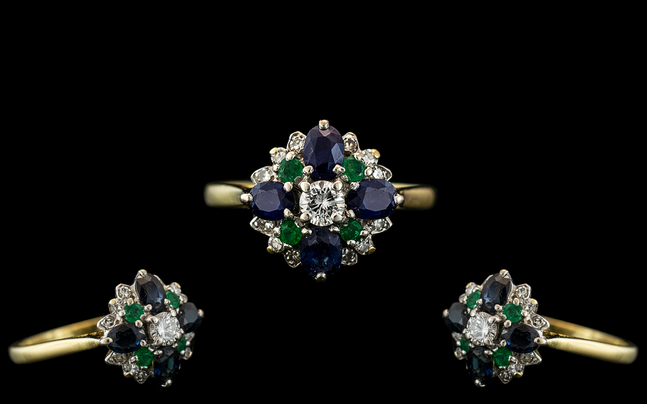 Ladies Attractive 18ct Gold - Diamond, Emerald and Sapphire Set Dress Ring, Flower head Design.