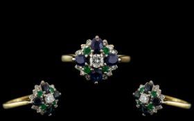 Ladies Attractive 18ct Gold - Diamond, Emerald and Sapphire Set Dress Ring, Flower head Design.
