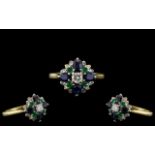 Ladies Attractive 18ct Gold - Diamond, Emerald and Sapphire Set Dress Ring, Flower head Design.