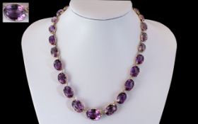 Antique Period Stunning 9ct Gold Amethyst Set Graduated Necklace, Marked for 9ct. The Faceted