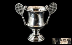 Tennis Interest - Vintage Solid Silver Trophy Cup HM, With Tennis Racquet and Ball Handles. c.