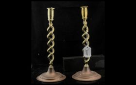 Pair of Brass Twisted Stem Candlesticks, 12'' tall. Made in England.