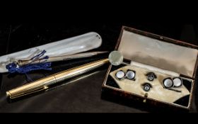 A Set of Art Deco Dress Studs and Cufflinks, in fitted case, together with a Parker fountain pen and