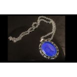 Large Lapis Stone Set Pendant In Silver With Attached Silver Necklace. Lapis of Large Size 4 cms Set