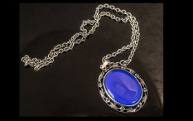 Large Lapis Stone Set Pendant In Silver With Attached Silver Necklace. Lapis of Large Size 4 cms Set