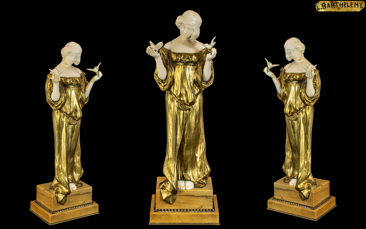 Art Deco Period - Signed and Stunning Painted Bronze and Ivory Figure. c.1930. Depicts A Young