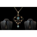 Art Nouveau Attractive 9ct Gold Aquamarine Set Pendant Drop. c.1900. Exquisite Design. Attached to