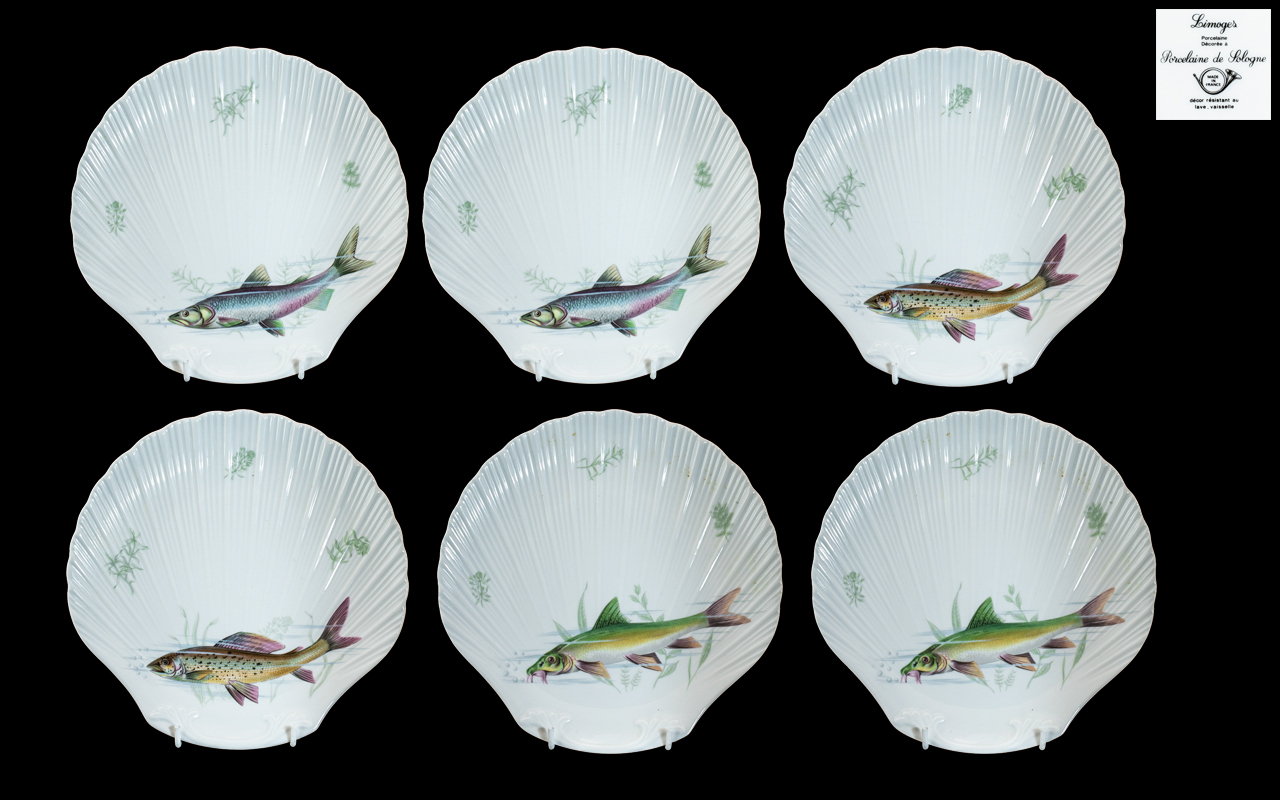 Limoges - Paris Fine Porcelain Set of Six Hand Decorated Superior Quality Fish Plates, Shell Shape.