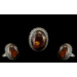 Mid Century Amber Ring Set In Silver. Large Amber Stone Set In Celtic Design.