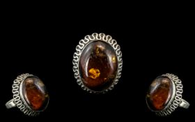 Mid Century Amber Ring Set In Silver. Large Amber Stone Set In Celtic Design.