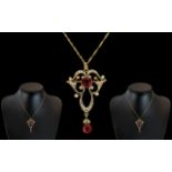 Victorian Period Exquisite 9ct Gold Ruby and Seed Pearl Set Pendant / Brooch, Attractive Design.