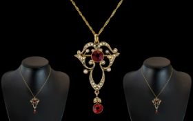 Victorian Period Exquisite 9ct Gold Ruby and Seed Pearl Set Pendant / Brooch, Attractive Design.