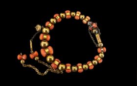 Antique Period - 19th Century Superb Quality 18ct Gold Beaded and Coral ( Ornate ) Set Bracelet. The