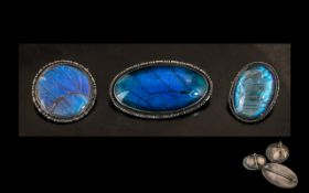 Collection of Three Iridescent Blue Butterfly Wing Brooches, 1920's-1940's, all stamped Silver,