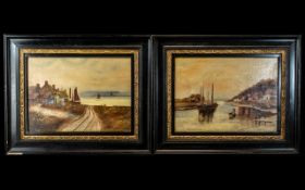 E. Davies Pair of Antique Oil Paintings In Original Frames. Oil on Board River and Boat Scenes,