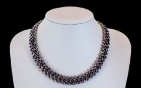 Ladies - Excellent Quality Vintage Sterling Silver - Statement Amethyst Set Necklace,