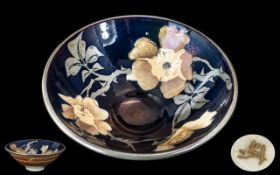 JCJ Pottery Lustre Ware Bowl in blue with pale gold and cream decoration of flowers inside, marked