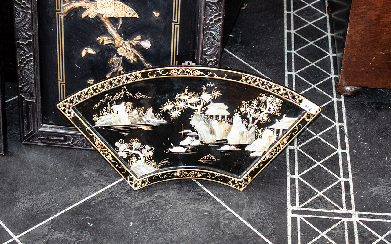 Two Chinese Black Lacquered Wall Plaques with inlaid decoration birds on branches, 29 x 18 inches. - Image 2 of 3