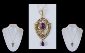 Victorian Period - Exquisite 15ct Gold Amethyst and Seed Pearl Shield Shaped Pendant / Drop of