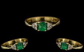 18ct Gold - Attractive and Exquisite Diamond and Emerald Set Ring. Marked 18ct to Interior of Shank.