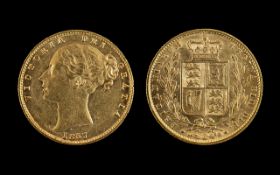 Queen Victoria 22ct Gold - Shield Back Young Head Full Sovereign - Date 1857, London Mint /