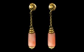 Ladies - Attractive Pair of 18ct Gold - Coral Set Earrings / Drops.