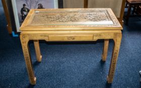 Carved Light Wood Decorative Console Table, with inlaid carved oak design of leaves and acorns