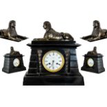 French 19th Century Egyptian Revival Black Marble - Impressive 8 Day Striking Mantel Clock with