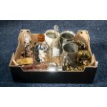 Box of Assorted Collectibles, including a small quantity of brass miniatures, two pewter tankards,