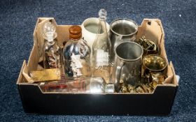 Box of Assorted Collectibles, including a small quantity of brass miniatures, two pewter tankards,