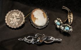 Antique Silver Brooches. Cameo of Lovely Quality Art Nouveau Brooch Set within Tortoise, Flower