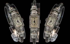 Art Deco Period - Swiss Made Mechanical Ladies Platinum - Diamond Set 17 Jewels Cocktail Watch,