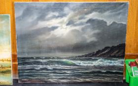 Large Seascape at Night, oil on canvas, overall size 36" x 28". Signed lower left. 20th Century.