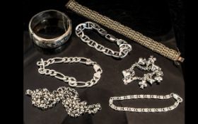 Small Collection of Silver Jewellery, to include two flat curb bracelets, charm bracelet, fancy link